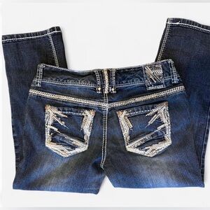 Vintage Maurices low rise denim capris with white stitching and sequins.